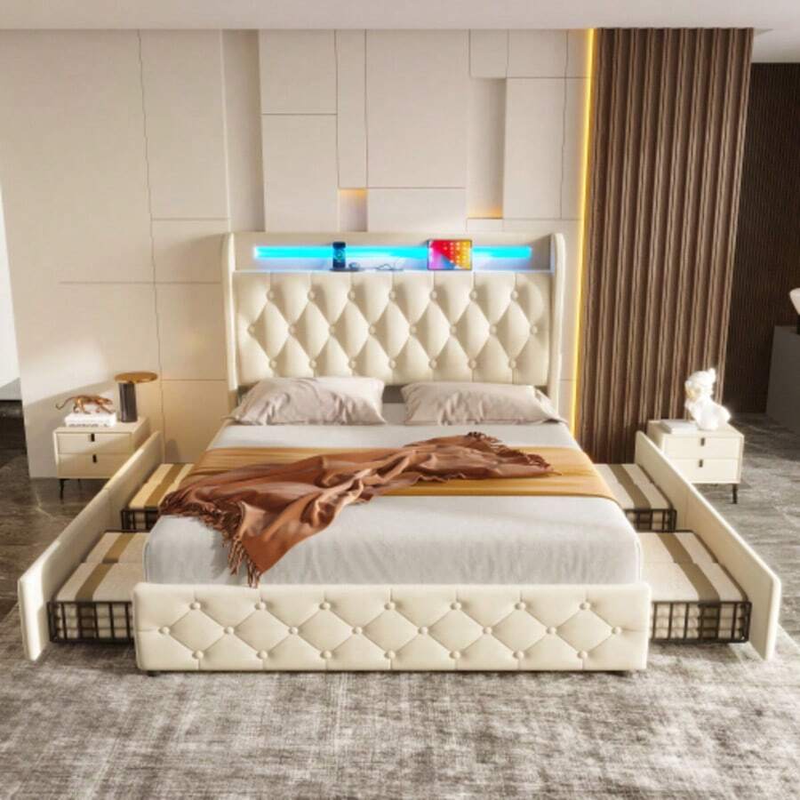 Upholstered Bed 140x190 Cm With LED Lighting And USB Socket, Headboard With Shelves And Storage Space, Flat Double Bed With 4 Drawers, Velvet. - White - View 1