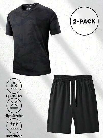 Men's Summer Casual Sports Training Camouflage Short Sleeve Set, Camo Print, Comfortable Breathable, With Drawstring Waist, Suitable For Fitness Training, Cycling, Outdoor Sports, Daily Wear