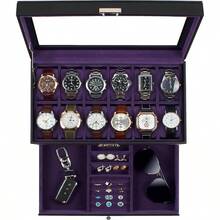 Watch Box, 12 Slot Watch Case With Glass Lid, Lockable Double Watch Storage Box With 1 Wrawer Rings, Earrings, Idea, Black Synthetic Leather, Purple Lining - 12 Slots + Black-purple - View 2