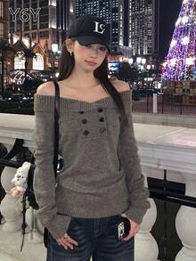 [Y6Y] Women's Elegant Off-Shoulder Knit Sweater, Long Sleeve Fitted Style Versatile Pullover Top - Coffee Gray - View 4