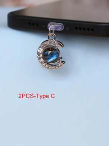 Mặt dây chuyền điện thoại chống bụi đính đá lấp lánh hình hành tinh xanh, mặt trăng và ngôi sao, phụ kiện trang trí, phù hợp với cổng Type-C, quà tặng trang trí mặt dây chuyền chống bụi - Nhiều màu - Xem 12