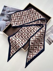 1 pezzo Foulard in raso da donna a doppia faccia con stampa di cavalli, adatto per abiti, pantaloncini, borse, cappelli, nastri e fasce in vita - Pony nero - Visualizzare 2