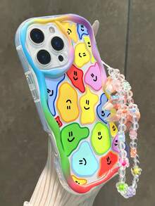 1pc Smiling Face Printed Cream Wavy Edge Bracelet Strap Shockproof Thick Phone Protective Case, Compatible With IPhone 17/17 Pro/17 Pro Max, 16 XR/7/8, 15 Pro Max, 13 Pro Max, 14 Pro Max, 13, 14, 11, 12 Pro Max, P14, P11, P12, XS, XR, 7/8 Plus, Compatible With Redmi 10, Compatible With Redmi Note 11 4G, Compatible With Redmi 11 Lite, A53, A14, A23, S23 Ultra, S24, A14, A15, S23, A73, A55, A54,International Version, Not The Domestic Version - Multicolor - View 3