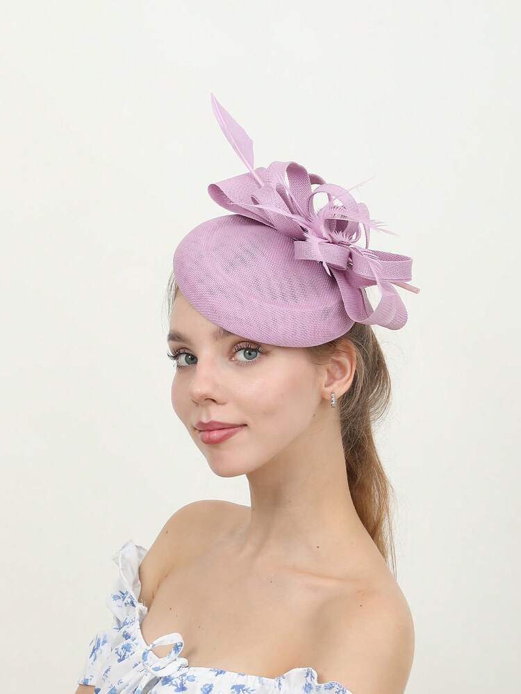 1 pièce Chapeau de style bohème élégant de palais de style avec nœud, coque de couleur unie, voile en polyester avec plumes. Convient pour les courses, enterrement de vie de jeune fille, mariage, fête de Noël, garden party - Multicolore - Voir 15