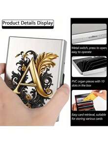 Premium Stainless Steel RFID Blocking Metal Letter A-Z Pattern Wallet For Men - Stylish Black Metallic Card Holder With Multi-Compartment Design, Perfect Father's Day Gift | Polished Finish & Silvery Tone, Women's Metal Card Case - Multicolor - View 3