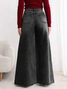 Pantalones Palazzo de Mezclilla de Cintura Alta para Mujer: Vaqueros Anchos para Estilos Casuales y Elegantes Bolsillos delanteros de botones femeninos ocio relajado retro lavado pantalones de piernas anchas para cubrir la carne delgada pantalones de campana nuevos y de moda,pantalon de mezclilla dama,san valentín ropa,pantalones de mujer,Lavado de agua negro retro - Negro - Ver 3