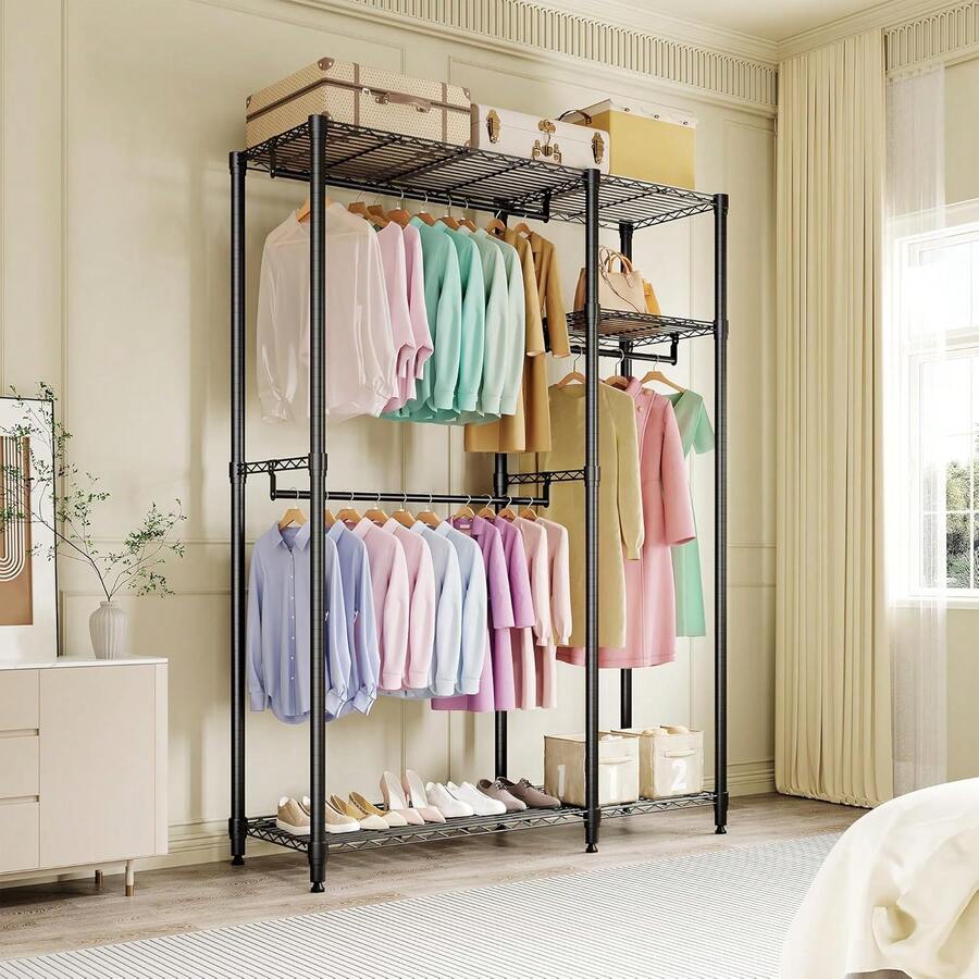 Dragonpad 76.5inch Tall Heavy Duty Clothes Rack Garment Rack For Hanging Clothes, Freestanding Clothes Rack Portable Closet Organizer And Storage With Hanging Rods, Adjustable Shelves Closet Wardrobe For Bedroom Cloakroom - (2+1) 76.5"H X 41.6"L X 15.5"W - View 1