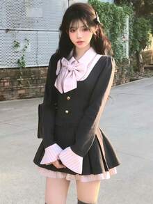 1 件优雅时尚腰部收紧撞色蝴蝶结褶皱迷你连衣裙，适合节日、派对、表演、女孩团体舞台装、摄影工作室万圣节 - 彩色 - 查看 22