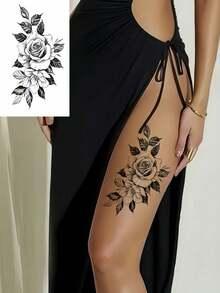 8 Sheets Temporary Tattoos Flowers Sexy Tattoos Black Realistic Rose Tattoo Stickers For Women Adult Fake Tattoos Body Art Arm Neck Sketch Realistic Floral Temp Tattoos For Party Daily Makeup - Black - View 6