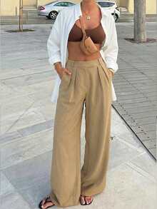 Women's Solid Color Side Zipper Pleated Pocket Wide Leg Pants Spring - Apricot - View 3