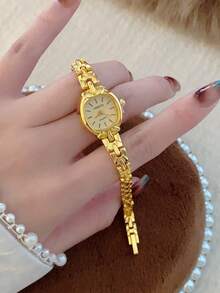 1pc Fashionable Creative Versatile Petite Oval Quartz Watch For Women, Minimalist Oval Dial, Mother Of Pearl Dial/Crystal, Suitable For Daily Wear And Holiday Gifts - 金色 - 查看 3