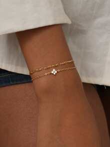 2pcs/Set Women Bracelet Set, Bohemian Summer Beach Style, Golden Electroplated Multi-Layer Basic Chain, Shiny Lip Chain, Copper Inlaid White Zirconia Four-Leaf Clover Stacked Bracelets, Stacking Jewelry Gift - Yellow Gold - View 7