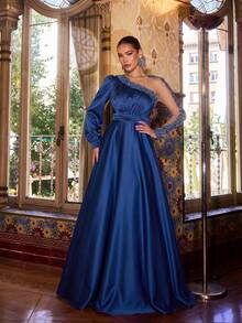 Faeriesty Vestido de Festa Elegante Feminino de Gola Redonda e Manga Assimétrica, Vestido Longo Formal Sofisticado com Entradas de Tule Transparente, Acabamento em Renda e Silhueta Ajustada - Perfeito para Eventos de Feriados, Festas de Ano Novo, Cerimônias Formais, Galas e Bailes de Máscaras, Dia dos Namorados - Azul petróleo - Visão 4