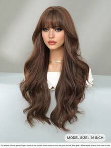 7JHH WIGS Loose Long Wavy Natural Brown Wig With Bangs 26 Inch Tea Brown Hair Synthetic Curly Wave Wig Full Machine High Density Synthetic Heat Resistant Wigs For Women Daily Wear, Music Festival Cosplay Use - Brown - View 5