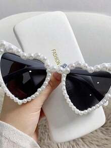 1PC Of Bridal Fashion Retro Heart-Shaped Faux Pearl Frames Ladies Cat Eye Glasses Fashion Beach Party Decorative Glasses - 白色 - 查看 6