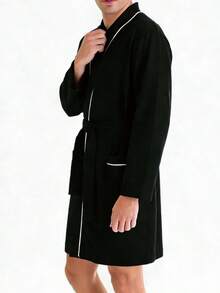 YUNTUO Men's Autumn/Winter Long Sleeve Robe, V-Neck Loose Retro Pattern, Versatile Loungewear For Home, Outdoor, And Commuting - Black - View 2