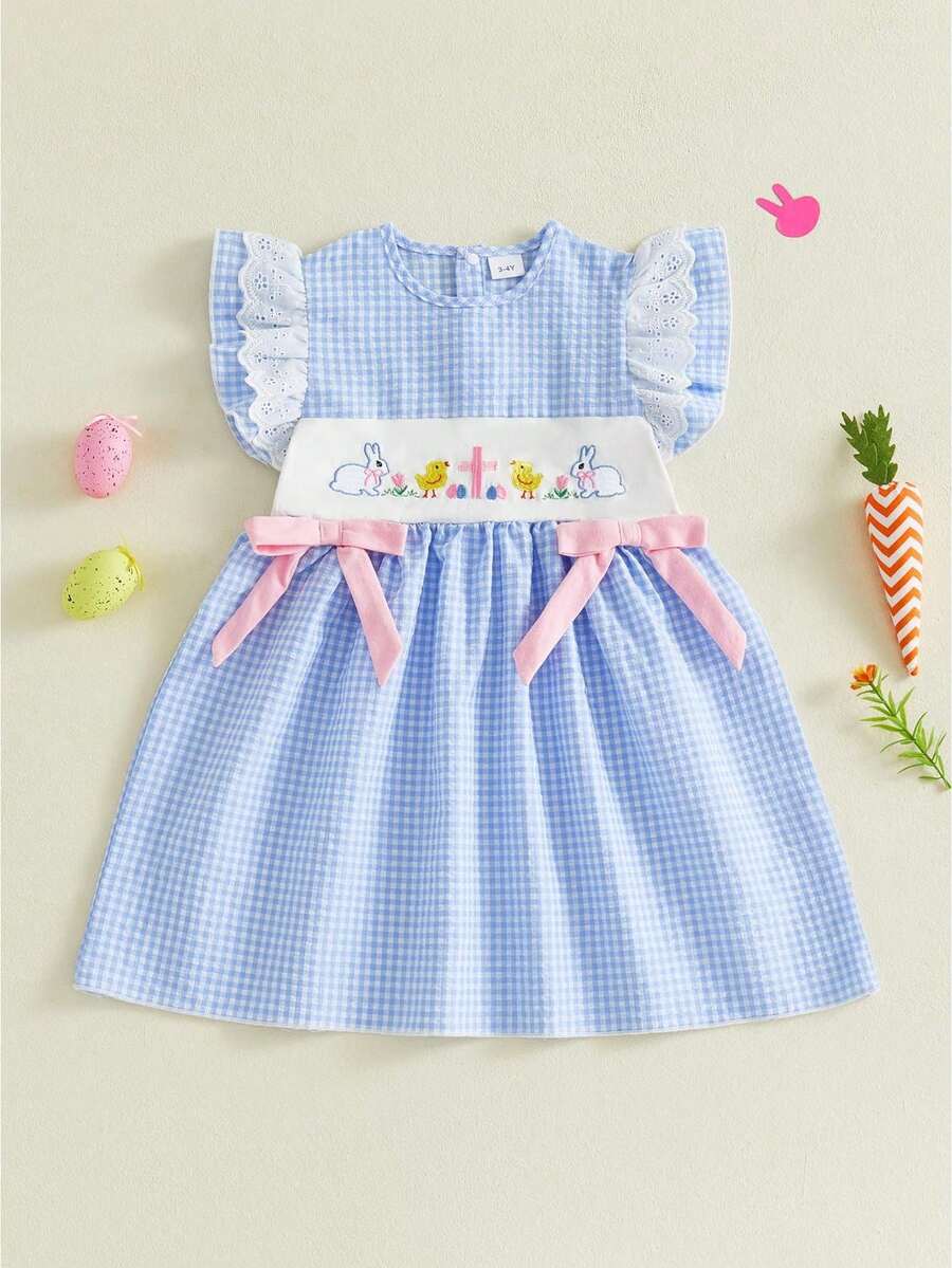 Toddler Girl Easter Outfit Baby Girls Bunny Egg Chick Cross Plaid Princess Dress Cute Spring Summer Kids Clothes - 藍色 - 查看 1