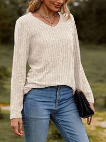 Women's Cozy Long Sleeve Tunic Tops Soft Ribbed Knit Sweater V-Neck Pullover Shirts For Casual Fall And Winter Wear - Màu be - Xem 4