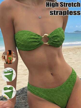 Conjunto de bikini de 2 piezas con parte superior bandeau sin tirantes y Bottom de corte alto, en tela jacquard verde con accesorios metálicos de moda, para playa, resort y fiestas en la piscina