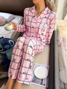 Disney Stitch Print Patchwork Pajama Set - Multicolor - View 1