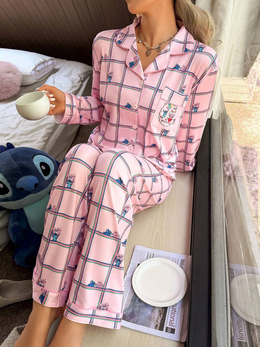 Disney Stitch Print Patchwork Pajama Set - Multicolor - View 1