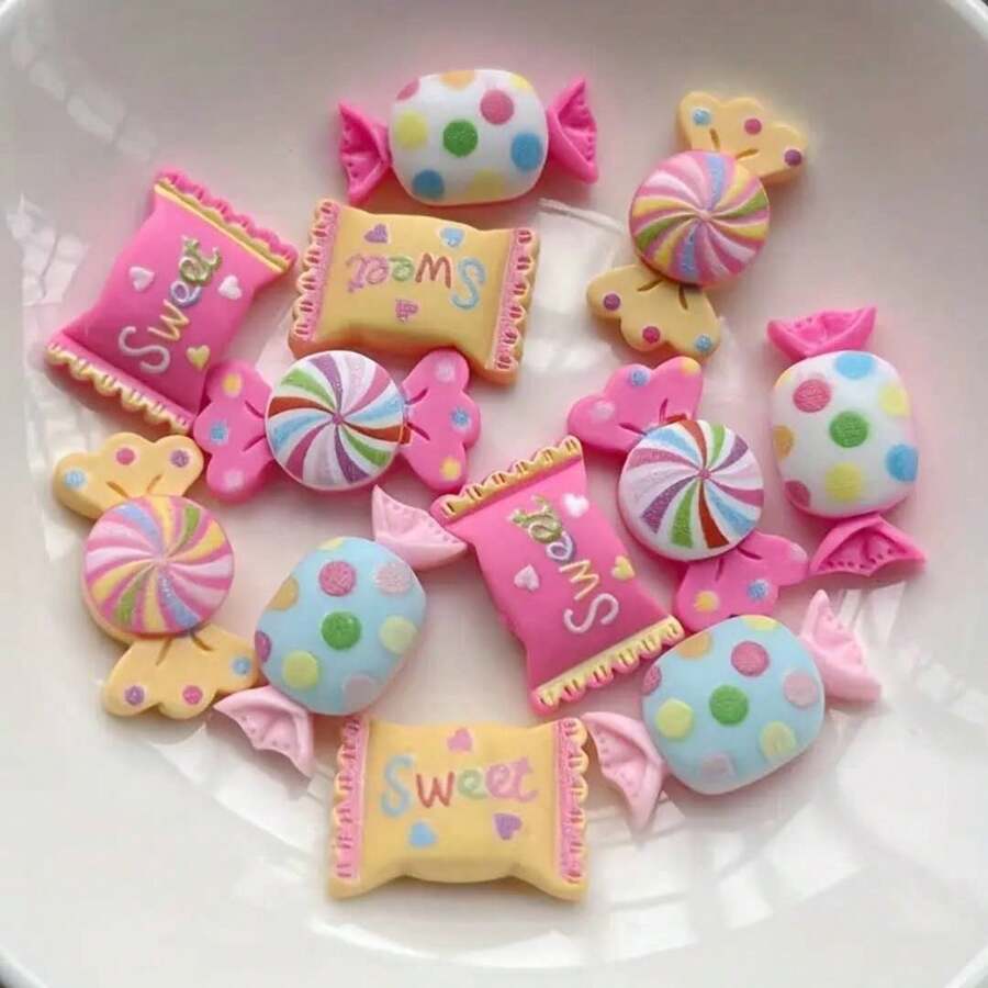 10 piezas de decoraciones planas de resina con forma de caramelos surtidos, adecuadas para scrapbooking, manualidades DIY y decoración de teléfonos, con tema de alimentos y bebidas - gemas abovedadas dulces y coloridas para proyectos creativos - Mezclar colores aleatoriamente - Ver 1