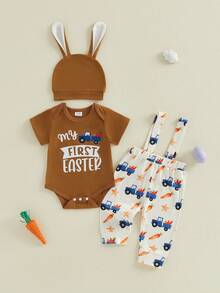 Conjunto de 3 piezas de Pascua para bebé niño, adorable mono de cuello redondo de manga corta con estampado de letras y camión, y gorro. - marrón - Ver 4