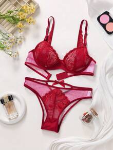 Bộ áo ngực 2 lớp không đệm viền ren đỏ gợi cảm, hai hàng khuy, gọng mềm mại, dây đeo có thể điều chỉnh - Màu Đỏ Sâu - Xem 2