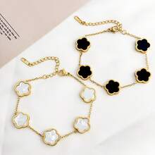 1pc Stainless Steel Minimalist Bracelet, Suitable For Women's Daily Wear - Four-leaf Clover Black and White Bracelet - View 6