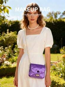 Gucci Purple Square Cosmetic Bag, DIY Pearl Chain Storage Bag, Fashion Shoulder Bag - Purple - View 7