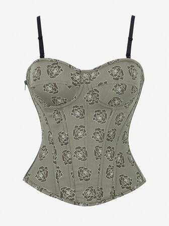 Korsett-bustiertopp med justerbara spaghettiband, blommönster, midjetränande överdel, figurnära blus för kvinnor, lämplig för kvällsfest eller bal