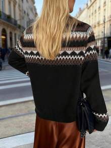Autumn/Winter Fashion Casual Comfortable Warm Grey Geometric Fairisle Pattern Long Sleeve Crew Neck Button-Up Cardigan Black - Black - View 4