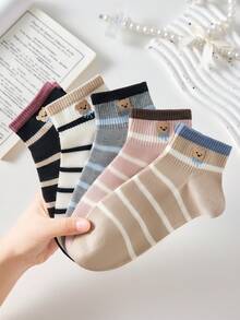 5 đôi tất ngắn tay nữ họa tiết gấu sọc dễ thương, thoáng khí, không lộ cổ chân, thích hợp làm quà tặng, màu trắng hoặc đen, phù hợp mặc hàng ngày và thường ngày, mùa xuân hè và mọi mùa. - Nhiều màu - Xem 4