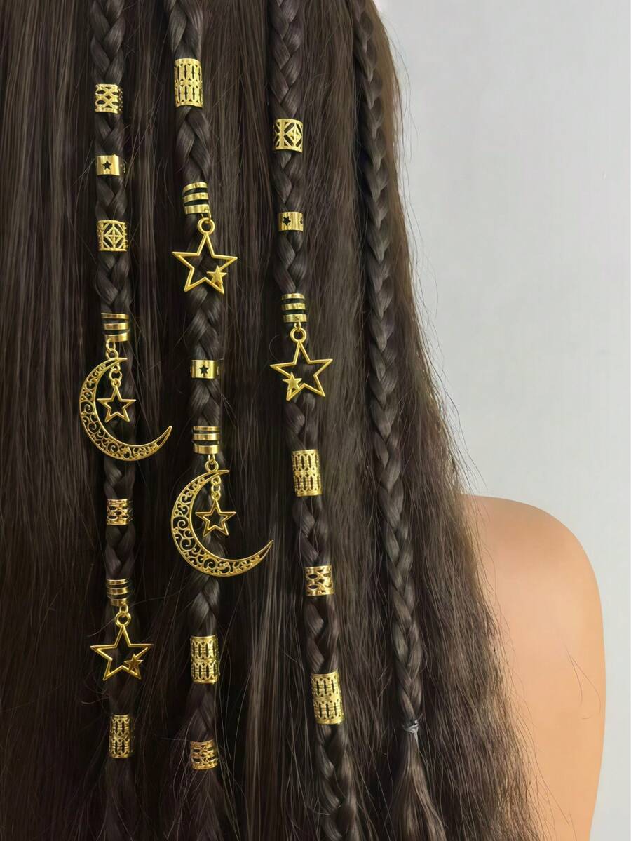 45-Piece Bohemian Star And Moon Pendant Alloy Braided Hair Ring, Suitable For Eid Al-Fitr Parties, Birthday Parties, Gatherings, And Everyday Wear. - Multicolor - View 1