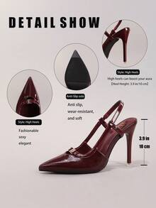 女士时尚搭扣高跟鞋，性感尖头晚宴派对鞋，亮面酒红色细高跟凉鞋 - 酒紅色 - 查看 3