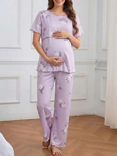 2pcs Elegant Floral Print Maternity & Nursing Pajama Set - Comfortable Short Sleeve Top With Ruffle Hem Pants, Machine Washable