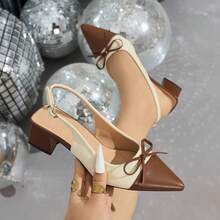 Brown Versatile Color Block Pointed Toe Chunky Heel Pumps, New 2025 Korean Version Metal Buckle Mid Heel Mary Jane Shoes, Elegant Women's Shoes Suitable For Daily, Shopping, Vacation, Party, Banquet, Bowknot High Heels, Fashion Chunky Heel Shoes, Valentine's Day Women's High Heels, Short Heels Women's Shoes - Brown - View 12