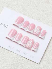 10片手工法式全贴假指甲，方形和棺材形可选。采用3D线条和花卉图案，时尚精致。轻松打造美甲造型，为您的指尖增添浪漫气息，展现大胆的时尚品味。完美适用于派对、晚宴和日常佩戴，也是送给女性和女孩的绝佳礼物。美甲用品 手工按压式假指甲 - 淺粉色 - 查看 8