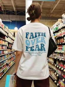 1pcs Plus Size Women's T-Shirt, Printed With "FAITH OVER FEAR" And Bible Verse Designs On The Back, Suitable For Church Services, Religious Activities - 白4 - 查看 3