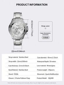 Fossil 男士石英不锈钢三针腕表，不锈钢表壳，50米防水，折叠表扣，商务休闲风格，适合日常佩戴、通勤，也是生日礼物和情人节礼物的理想之选，是送给男友、儿子或父亲的绝佳礼物。 - 銀帶銀盤 - 查看 5
