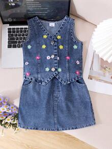 2pcs/Set Toddler Girls' Sweet Street Style Embroidered Floral Sleeveless Tank Top And Denim Skirt With Pockets Set, Summer - Blue - View 3
