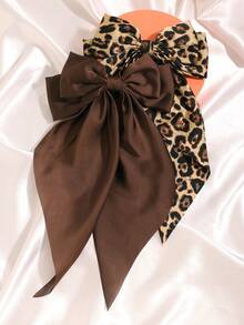 2个缎面纯色和豹纹蝴蝶结弹力发夹，休闲波西米亚宫廷风派对可爱街头优雅风，涤纶材质，四季皆宜 - 咖啡棕 - 查看 3