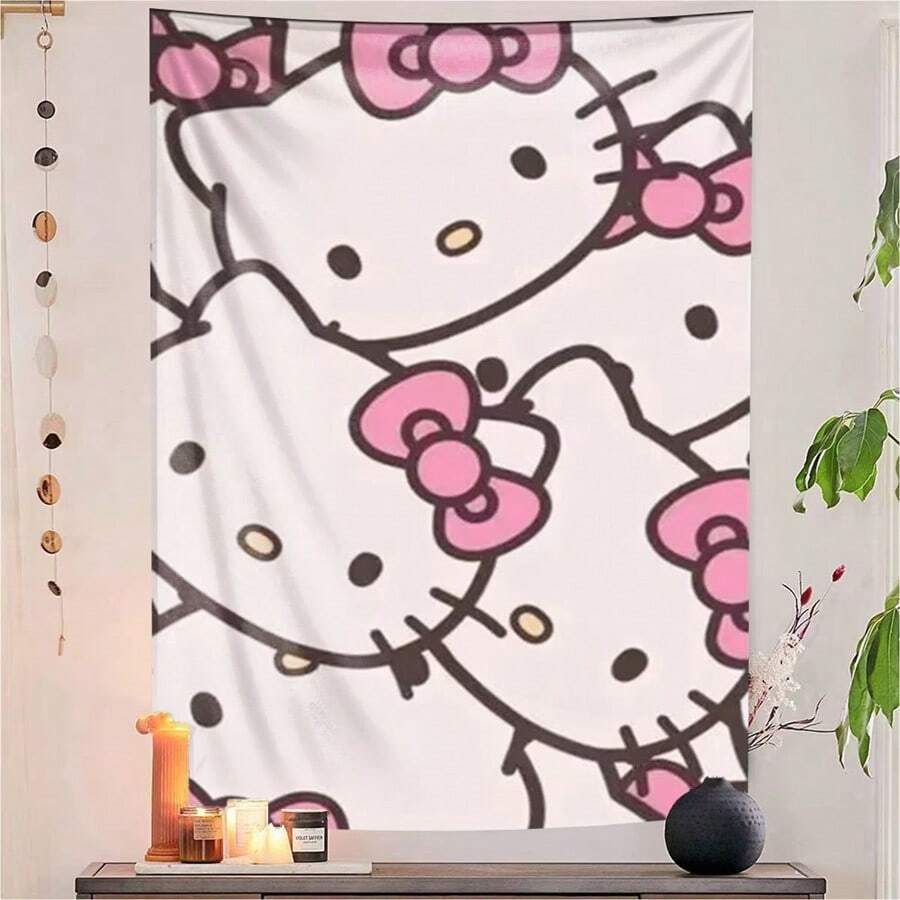 SANRIO 1件Hello Kitty粉色蝴蝶结可爱卡通印花挂毯卧室装饰冬季庆典背景布设计节日派对 - 白灰 - 查看 1