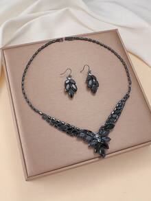 Black Zirconia Leaf Jewelry Set, Elegant Necklace + Earrings, Shiny Accessories For Party & Date - Multicolor - View 4