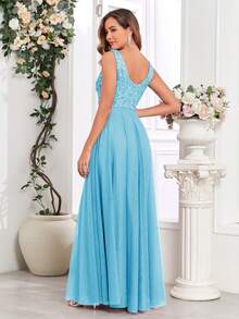 女士无袖亮片网纱A字伴娘礼服，优雅舞会礼服，婚礼宾客礼服，毕业典礼礼服，晚礼服，春夏派对礼服 - 湖藍色 - 查看 2