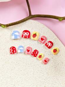 12pcs Valentine's Day Press On Nails Short French Nails Y2k Pink Nails Square Fashion Glitter Geometry Stripes Heart Bow Strawberry Pattern Simple Reusable Press On Acrylic Nails Fake Nails Supplies Free Of 24 Pieces Of Jelly Tabs And A Mini File ﻿ - Pink - View 2