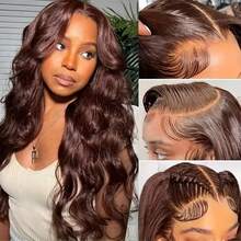 34 Inch Body Wave Human Blended Hair Wig With 13x4 HD Lace. Made From 200% Density Brazilian Virgin Hair In Natural Black. Pre-Plucked Hairline & Glueless Design Offer A Flawless, Quick-To-Wear Look With Voluminous, Soft Curls. - Brown - View 7