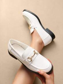 Women Loafers Metal Horsebit Flats Slip On Commuting Dressy Casual Business Work Office Chunky Low Heel Loafers Shoes - 白色 - 查看 2