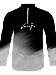 Autumn/Winter New Men's Casual Stand-Up Collar Suit, With "King" Text Logo, Gradient Style Men's Stand-Up Collar Zipper Casual Sport Suit, With Purple, Green, Dark Gray, Light Gray And Other Color Matching, Each Set Includes A Stand-Up Collar Half Zipper Top And A Draw Casual Long Pants, The Overall Use Of Gradient Color Design Sports, Street Style Suit, Men's Clothing, Men's Suit.  Striped    Spring/Fall    Regular Fit    Pocket  Zipper    Going Out  Daily - trắng - Xem 3