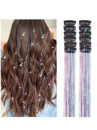 12Pcs Sparkling Hair Tinsel Extensions Clips, 19.6" Glitter Strands, Heat-Resistant Shiny Fairy Hair Accessories For Women, Vacation Style, For All Ages 14+